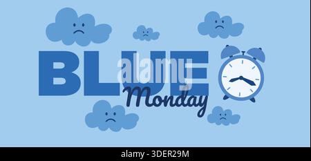 Horizontal design with Blue Monday typography surrounded by sad clouds and an alarm clock, ideal for mental health web headers. Stock Vector