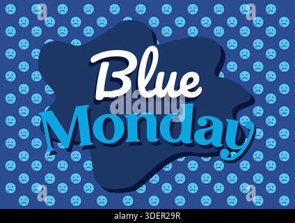 Repetitive pattern of small sad blue emoticons with central text, representing the collective mood of the gloomiest Monday. Stock Vector