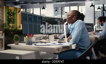Portfolio manager in brokerage company office analyzes stock market trends to increase returns. African american woman tracks stock exchange metrics to identify investment opportunities Stock Photo