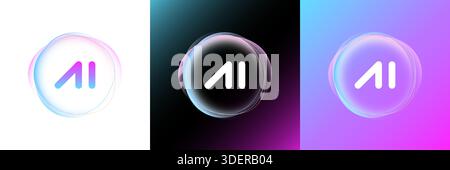 AI tech logo with abstract digital circle and glowing sphere. Gradient lines and neon energy. Automation business analytics cyber UI button and virtual technology system. Future modern design symbol Stock Vector