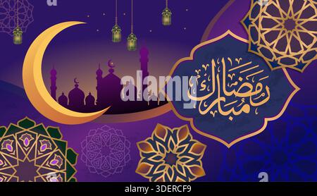 Luxury Ramadan Mubarak background banner with crescent moon, mosque silhouette, hanging lanterns, and golden Islamic geometric ornaments on purple Stock Vector