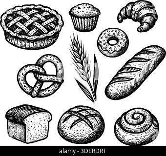illustration. Set of hand-drawn bakery food and patisserie shop bread elements. line art of bread, cake, croissant, cinnamon roll, doughnut, cupcake. Stock Vector