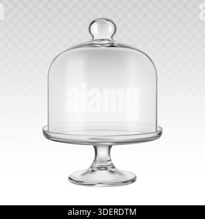 realistic vector icon illustration. Transparent glass cake stand cloche closed and opened on transparent background. Stock Vector
