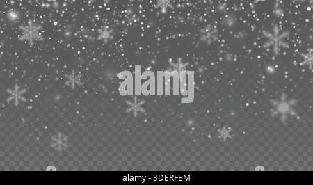 illustration. Snowfall effect with snowflakes and snow balls. Big snow falling banner with snowflakes in different sizes on a transparent background. Stock Vector