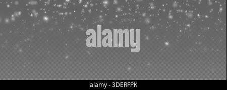 illustration. Snow falling banner with snowflakes in different sizes on a transparent background. Stock Vector