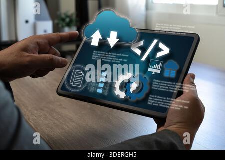 Cloud computing on laptop with data storage and network interface, secure enterprise IT platform for backup, sync, and global digital transformation i Stock Photo