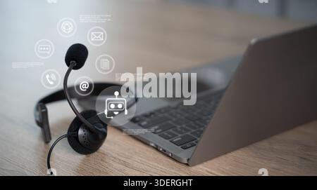 Customer support headset on desk with laptop and online chat interface, help desk communication and AI chatbot service concept for business technology Stock Photo