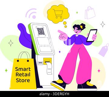 Smart Retail Store Vector Illustration Featuring Modern Digital Technology, Automated Shopping System, And Futuristic Customer Experience Background Stock Vector