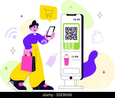 Smart Retail Store Vector Illustration Featuring Modern Digital Technology, Automated Shopping System, And Futuristic Customer Experience Background Stock Vector