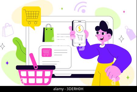 Smart Retail Store Vector Illustration Featuring Modern Digital Technology, Automated Shopping System, And Futuristic Customer Experience Background Stock Vector