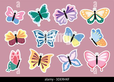 Butterfly sticker clipart set. Beautiful Butterflies printable sticker clip art for spring season decoration collection cute and colorful graphic Stock Vector