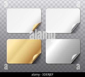 realistic vector icon illustration. Curled paper stockers in white color with gold and silver. Isolated on background. Stock Vector