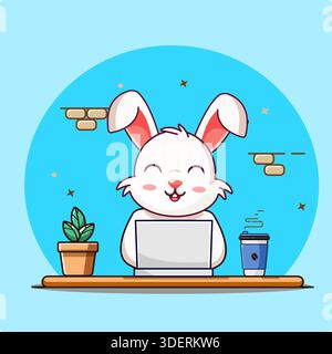 Cute Rabbit Working on Laptop with Coffee Vector Illustration Cartoon Design Stock Vector