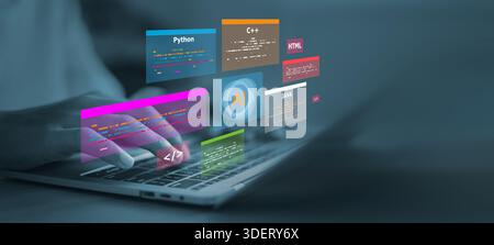 Close up of person hands using laptop with digital red warning icons, system error and cyber attack concept. Professional protecting data from securit Stock Photo