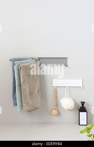 Dual Grey and White Swivel Towel Hangers and Bathroom Organizers Mockup Stock Photo