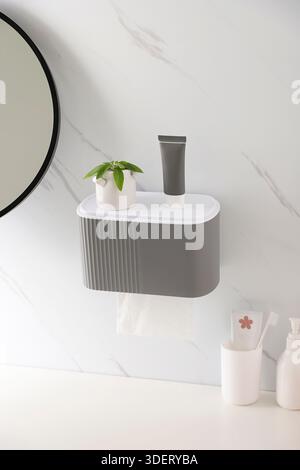 Grey Wall Mounted Tissue Box and Organizer on Marble Bathroom Wall Mockup Stock Photo