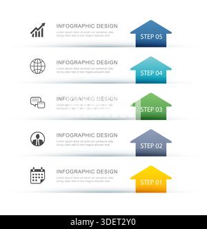Five step infographic modern arrow process roadmap layout vertical growth timeline. Stock Vector