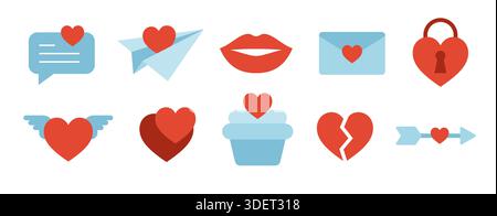 Set of love and valentine icons flat design for wedding and valentine celebration. Stock Vector