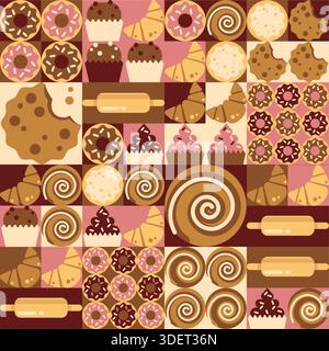 Geometric bakery mosaic pattern with sweet pastry. Vector illustration of seamless tiles with doodle muffin, donut, croissant, cookie, cinnabon and rolling pin, fresh baked food, handdrawn menu design Stock Vector