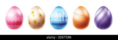 Easter egg printed and pattern clipart set. Colorful Easter egg clipart collection with curve, flower and spiral shape for spring holiday decoration Stock Vector