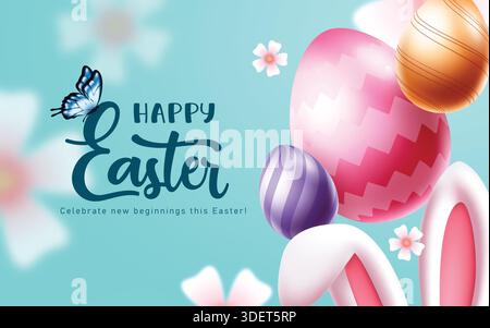 Happy Easter greeting card clipart. Happy Easter greeting and wishes poster design clip art with colorful pattern Easter egg and bunny ears for banner Stock Vector