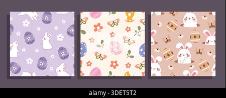 Happy Easter seamless pattern clipart poster set. Colorful endless and continuous pattern clip art with Easter egg, flowers, butterfly and cute rabbit Stock Vector