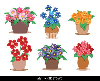 Spring Flowers in pot clipart set. Colorful bunch of blooming and fresh Spring Flowers in brown vase clip art flat drawing elements flower bouquet Stock Vector