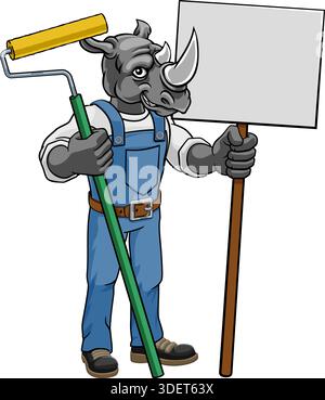 Rhino Painter Decorator Paint Roller Mascot Man Stock Vector