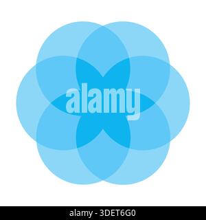 Bright blue six circle venn diagram with layered floral overlap creating complex intersection vector infographic for data relationship chart model Stock Vector