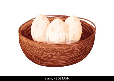 Bird nest with bird eggs isolated. Nest from sticks, branches decorated leaves. Forest bird home. Spring new life. . Vector illustration Stock Vector