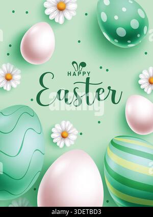 Happy Easter green greeting card clipart poster design. Happy Easter greeting text with green Easter egg and white chamomile flowers background clip Stock Vector