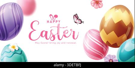 Happy Easter greeting clipart banner template. Happy Easter greeting text with colorful realistic pattern Easter egg clip art for holiday season Stock Vector