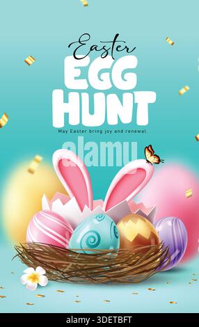 Easter egg hunt clipart poster design. Happy Easter egg hunt invitation card template clip art with cute eggs and bunny ears in birds nest for egg Stock Vector