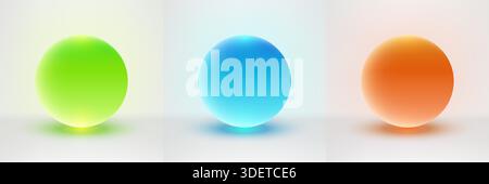 Three vibrant glowing glass spheres in green blue and orange featuring soft gradients and realistic shadows for futuristic 3d aesthetic projects on wh Stock Vector