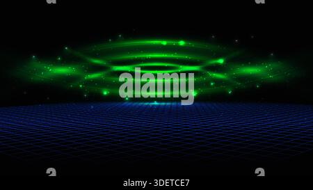 futuristic neon green energy blast pulses over a dark blue perspective grid in this high tech digital landscape created for designers seeking a sleek Stock Vector