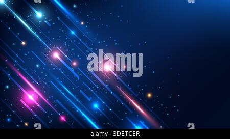 Futuristic technology abstract background with glowing neon blue and pink diagonal lines shimmering particles and lens flares on dark navy gradient fo Stock Vector