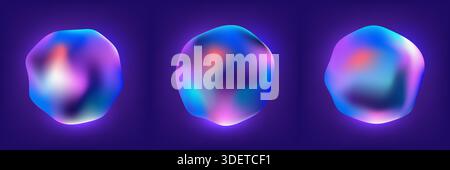 Abstract 3D fluid gradient blobs set with neon purple and blue glowing liquid shapes for futuristic high tech web design and modern digital art isolat Stock Vector