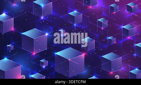 Abstract Isometric Cubes Technology Background featuring Neon Blue and Purple Digital Grid Pattern Stock Vector