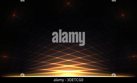 High tech digital background featuring glowing orange grid and radiant gold light in a dark futuristic abstract scene with geometric lines for cyber s Stock Vector