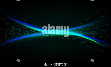 Abstract digital technology background with glowing cyan and green light beams and particles Stock Vector