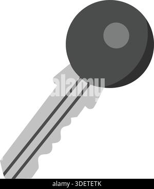 A silver metal key with a large circular head and simple jagged blade illustrated in flat style. Stock Vector