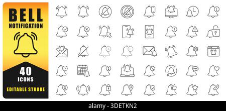 Clean And Modern Bell Notification Line Icon Set Featuring Alerts, Reminders, Messages, System Status, And User Interactions. Ideal For Apps, Dashboar Stock Vector