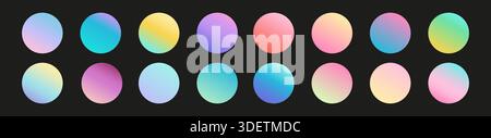 Rounded holographic gradient sphere button isolated on black. Stock Vector