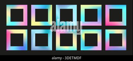 Rainbow gradient frame set. Unicorn holographic border Stock Vector