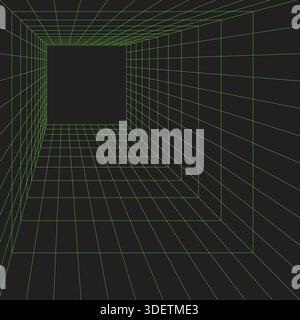 3D green wireframe. Perspective lines room. Digital background with vector grid Stock Vector
