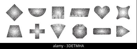 Dotted halftone geometric shapes set. Sand effect stipple dotwork Stock Vector