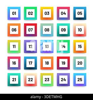 Number bullet points 1 to 25. Trendy gradient markers vector set Stock Vector