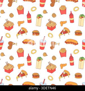 Doodle fast food seamless pattern. Junk meals background. Stock Vector