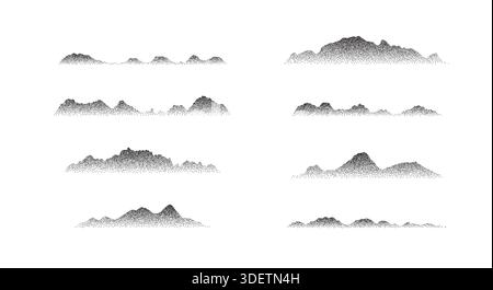 Dotted mountains silhouette set. Hill and rock nature landscape dotwork Stock Vector