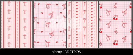 Playful whimsical heart and bow pattern backgrounds with stripes and grid textures. Romantic pink retro inspired designs for Valentine wedding. Modern Stock Vector
